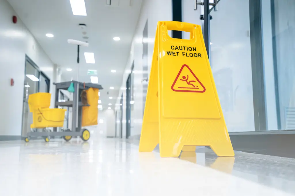 A Safety sign with a mop and cleaning products to clean dust in a hospital corridor